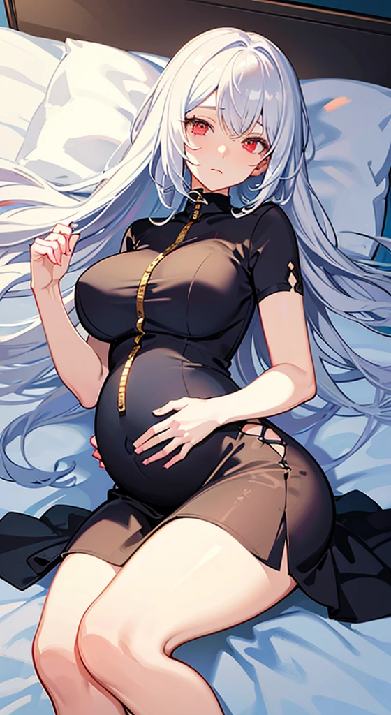 one pregnant anime girl with white hair and red eyes, chained and laying on a bed. Sad. breast feeding