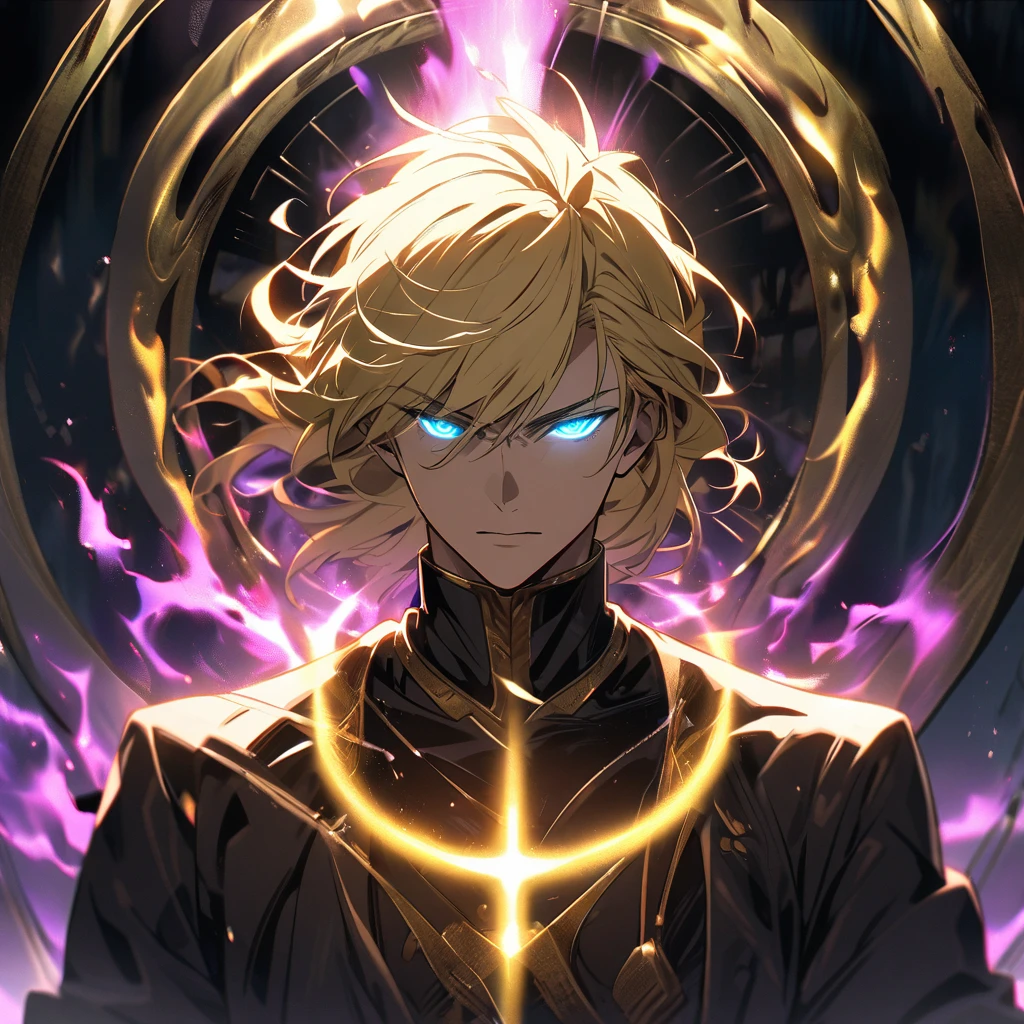 male, solo, handsome, blond hair, god, god eyes, glowing eyes, light, aura, holo, golden