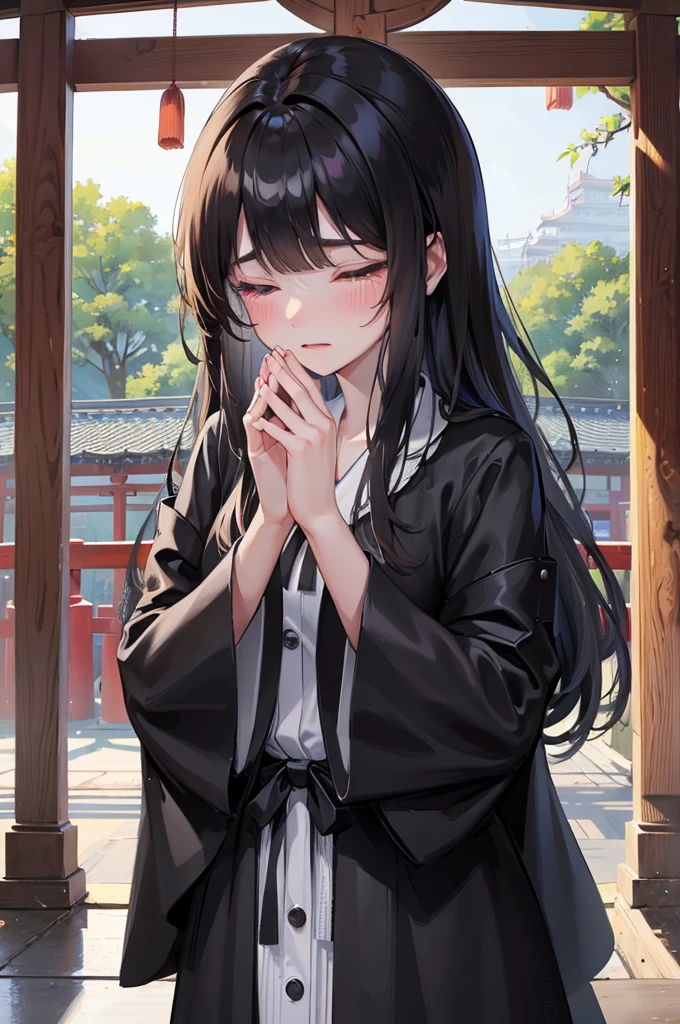 (Memorial ,style) (Pressing palms together in prayer) (in a lady Mourning Costume), break, (solo:2, 15 yo, blunt bangs:1.2 black hair long hair girl, sad closed eyes, tears of eyes), (praying to Grandmother), in the Dazaifu Tenmangu Shrine Memorial Tower, background rainy sky, BREAK, perfect anatomy, masterpiece, best quality, 16k, beautiful detailed rainy, daydreaming expression.