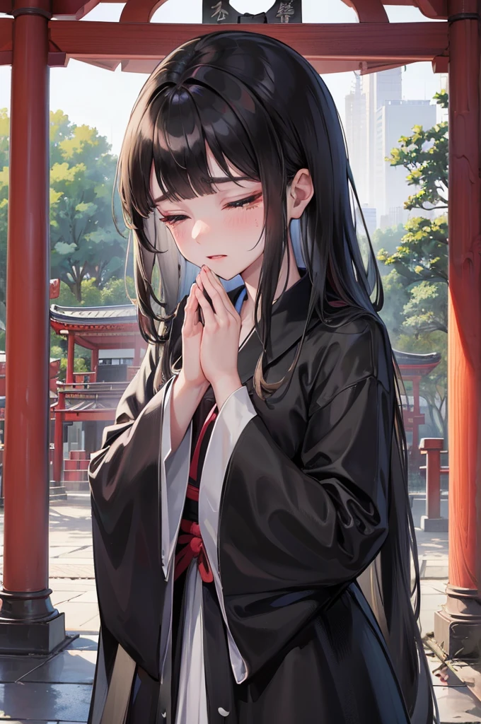 (Memorial ,style) (Pressing palms together in prayer) (in a lady Mourning Costume), break, (solo:2, 15 yo, blunt bangs:1.2 black hair long hair girl, sad closed eyes, tears of eyes), (praying to Grandmother), in the Dazaifu Tenmangu Shrine Memorial Tower, background rainy sky, BREAK, perfect anatomy, masterpiece, best quality, 16k, beautiful detailed rainy, daydreaming expression.
