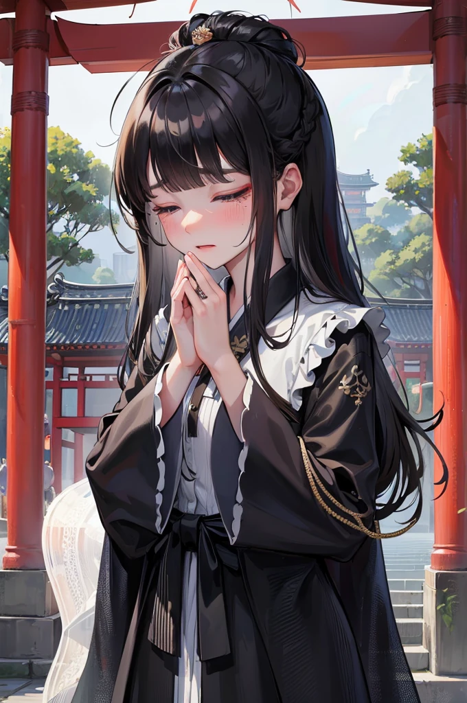 (Memorial ,style) (Pressing palms together in prayer) (in a lady Mourning Costume), break, (solo:2, 15 yo, blunt bangs:1.2 black hair long hair girl, sad closed eyes, tears of eyes), (praying to Grandmother), in the Dazaifu Tenmangu Shrine Memorial Tower, background rainy sky, BREAK, perfect anatomy, masterpiece, best quality, 16k, beautiful detailed rainy, daydreaming expression.