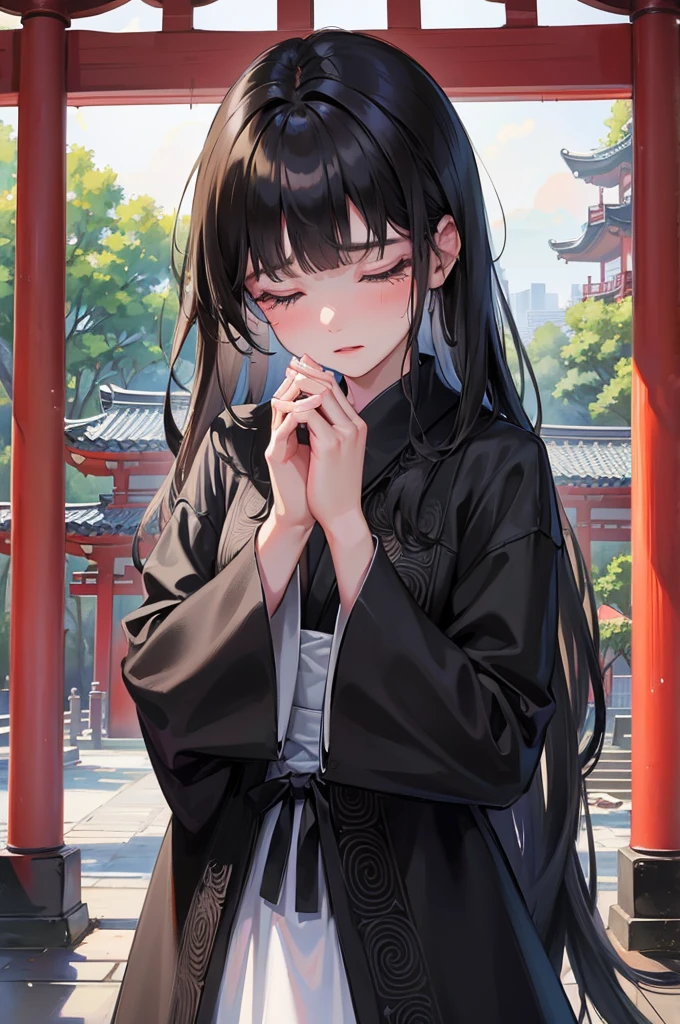 (Memorial ,style) (Pressing palms together in prayer) (in a lady Mourning Costume), break, (solo:2, 15 yo, blunt bangs:1.2 black hair long hair girl, sad closed eyes, tears of eyes), (praying to Grandmother), in the Dazaifu Tenmangu Shrine Memorial Tower, background rainy sky, BREAK, perfect anatomy, masterpiece, best quality, 16k, beautiful detailed rainy, daydreaming expression.