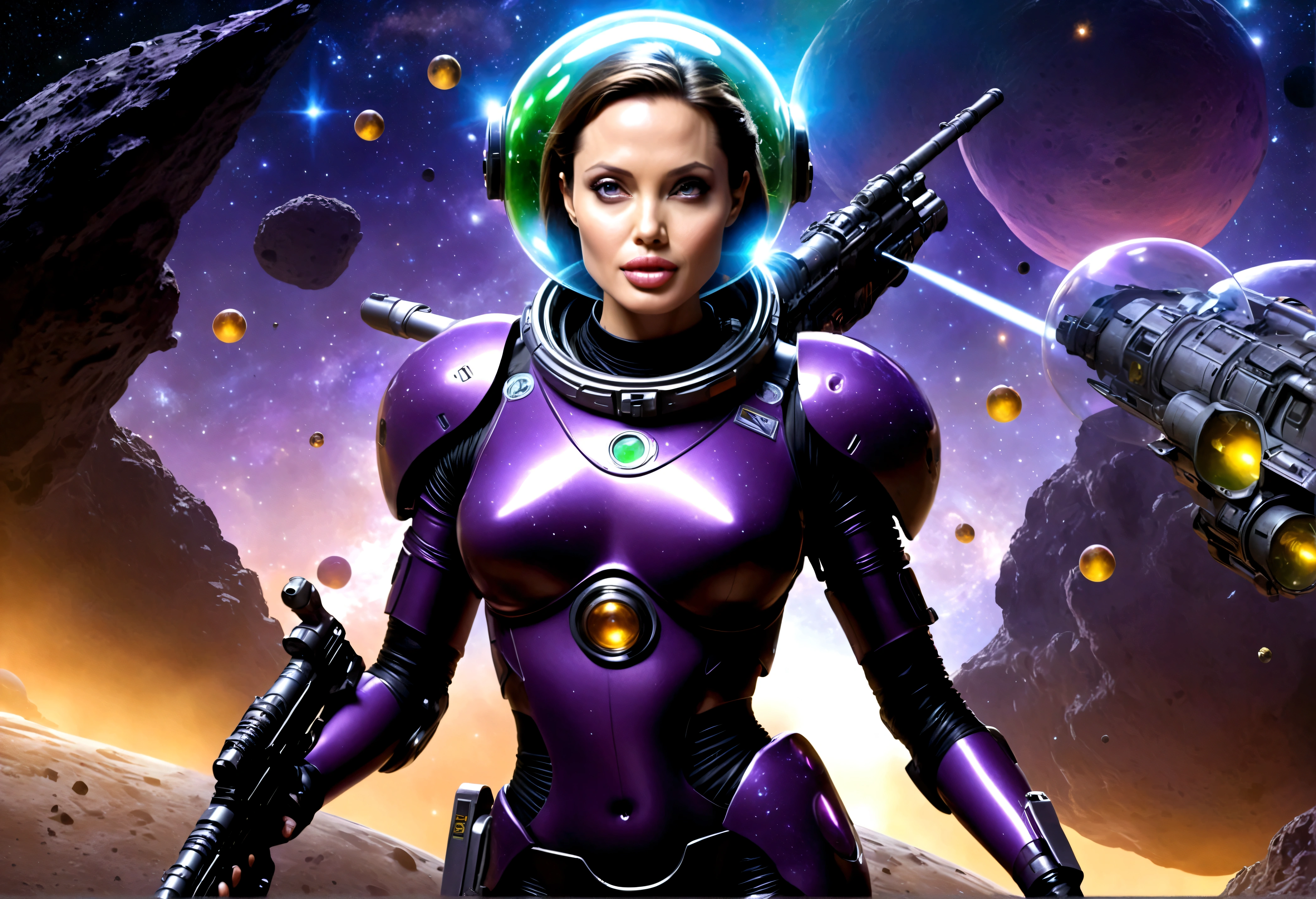 A beautiful young Angelina Jolie, age 25, wearing a sexy violet translucent plastic space suit, with a thruster pack and bubble dome, holding a big laser rifle, as a scout exploring an asteroid field, attacked by green fembots of the opposing faction, masterpiece, high quality, photorealistic, dynamic lighting, cinematic shot, sci-fi, concept art
