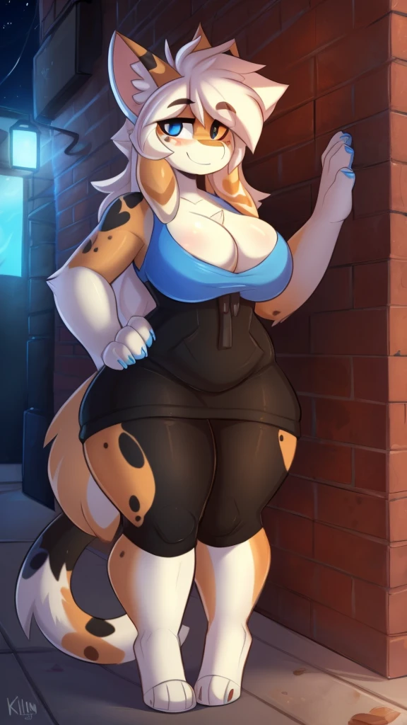 by Kilinah, de Coffeesoda, by hioshiru, by Kilinah, uploaded e621, comely and detailed portrait of a woman (((female))) anthro catboy, Zenemic Illumination, seducer, bl, catboy, thicc thighs, large breasted, whole body, comely, Messy hair, chestnut hair, eye white, thick, standing alone, standing, long hair, 2 tone hair ((orange | black)), catboy ears, cattails, cattails, thicc thighs, Calico catboy, heterochromia ((rot | blUE)),maiô du sell , dark alley, he finished