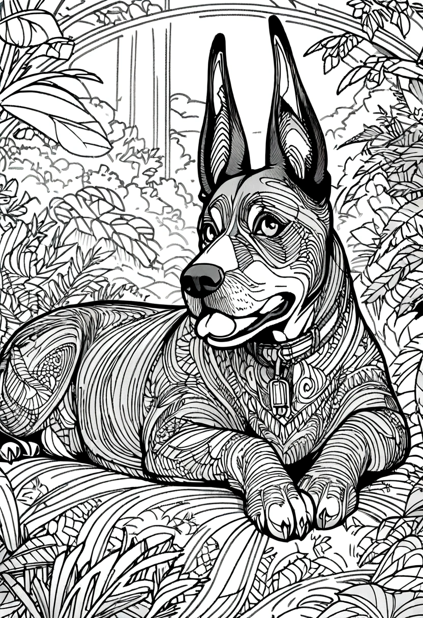 A drawing of a doberman dog lying in a jungle field., coloring page, very detailed illustration, very detailed lines, extremely detailed line work, Very detailed portrait, incredibly detailed line of work, hyper detailed line art, Very detailed drawing, line art coloring page, very detailed illustration.", extremely detailed portrait, very detailed illustration, very detailed artwork, detailed digital drawing