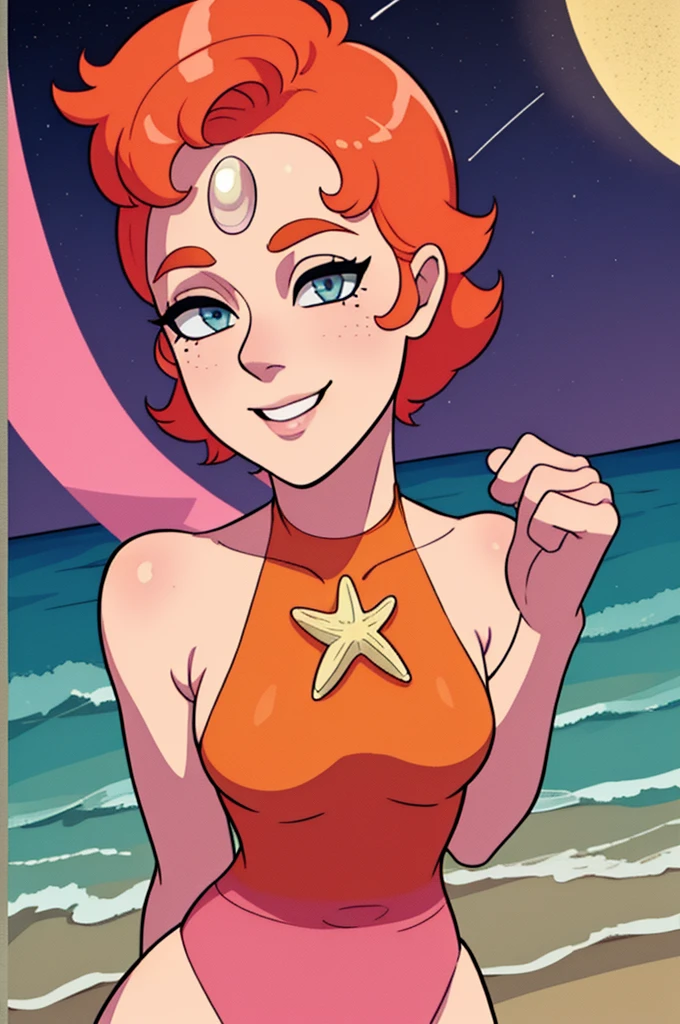 Pearl,short orange hair, forehead jewel, half-open eyes, standing, close up, smiling , solo,  upper body  
PeDres,(nakes), pink socks, bare shoulders ,sleeveless,
 nighttime, beach, stars,
 (insanely detailed,beautiful detailed face, masterpiece, best quality)