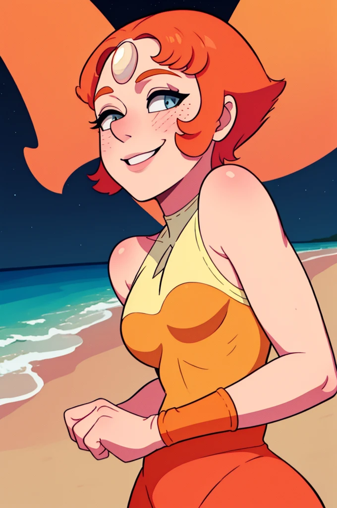 Pearl,short orange hair, forehead jewel, half-open eyes, standing, close up, smiling , solo,  upper body  
PeDres,(nakes), pink socks, bare shoulders ,sleeveless,
 nighttime, beach, stars,
 (insanely detailed,beautiful detailed face, masterpiece, best quality)