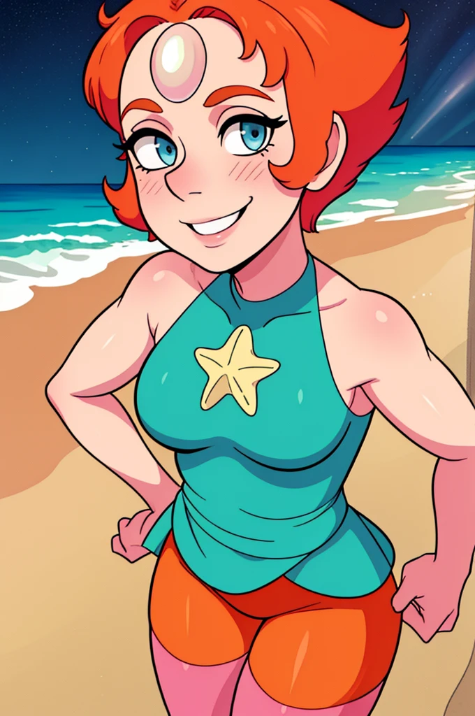 Pearl,short orange hair, forehead jewel, half-open eyes, standing, close up, smiling , solo,  upper body  
PeDres,(nakes), pink socks, bare shoulders ,sleeveless,
 nighttime, beach, stars,
 (insanely detailed,beautiful detailed face, masterpiece, best quality)