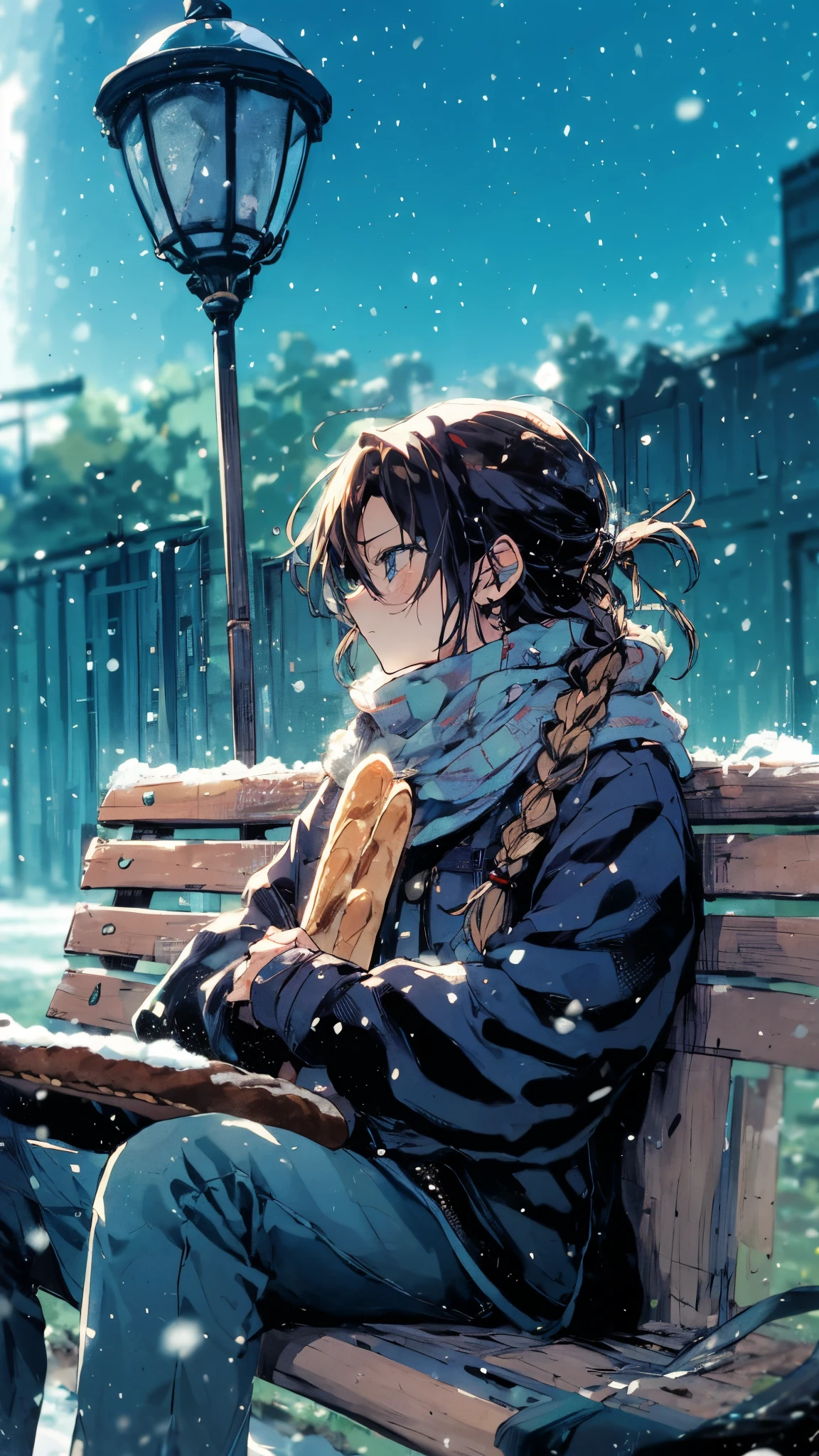 A  girl with long braids sits on a park bench during a light snowstorm. He holds a baguette close to his body for warmth, his breath misting in the cold air, ((holding a baguette):1.2)