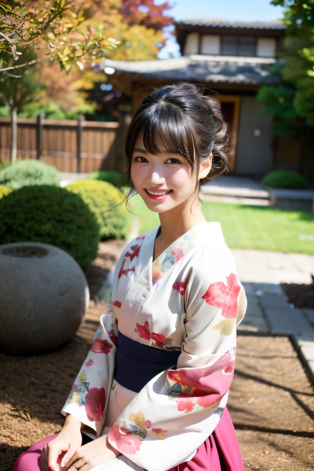 (realistic:1.3), rembrandt lighting, (masterpiece:1.2), (photorealistic:1.2), (best quality), (detailed skin:1.3), (intricate details), ray tracing,1girl, japanese girl, 21 years old, detailed skin texture, (blush:0.5), subsurface scattering, smiling, updo hair, bangs, hair between eyes, hair ornaments, kimono, floral print, wearing edgJF_kimono, seiza (bright sunny day, autumn setting, autumn trees and leaves, (zen garden:1.2) named yurika yuuki