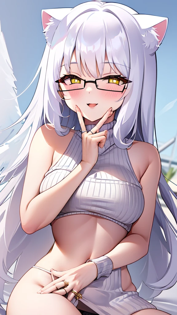 An 18 year old female angel with long, white hair, yellow eyes, white cat ears, and large white angel wings. yellow halo ring round white glasses (White halter turtleneck sweater, purekiller sweater, sleeveless, sexy backless sweater) white arm warmers finger touching lips