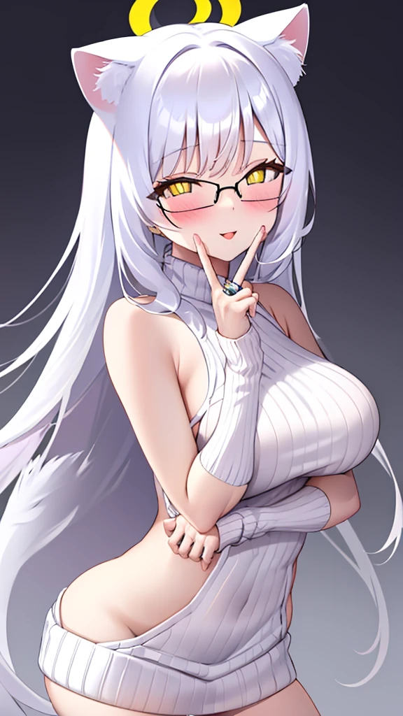 An 18 year old female angel with long, white hair, yellow eyes, white cat ears, and large white angel wings. yellow halo ring round white glasses (White halter turtleneck sweater, purekiller sweater, sleeveless,  backless sweater) white arm warmers finger touching lips