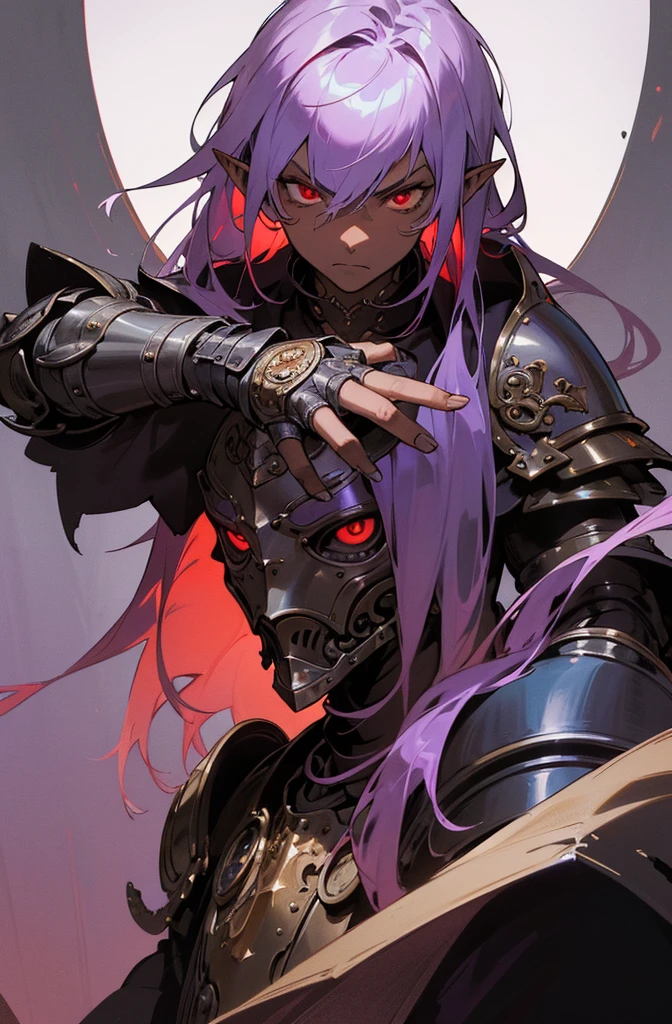 masterpiece, best quality, ultra high res, dark theme, 1boy, (dungeonpunk armor), (steampunk armor), (wearing armor), fantasy illustration, dark skinned, human, upper body, portrait, red eyes, long white hair, half-drow, pointy ears, serious face, young man, dramatic lighting, purple hue, art by Kinema Citrus