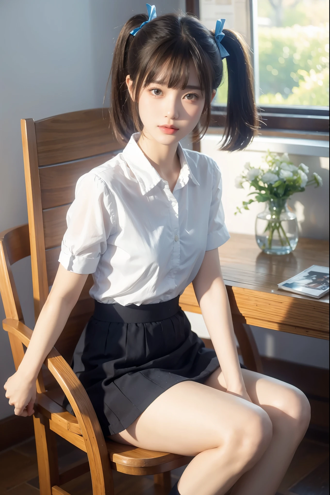 , 1girl,solo,skirt,chair,sitting,shirt,twintails, short hair, looking at viewer,short sleeves,indoors,white shirt,brown hair,realistic,bangs, black skirt,ribbon,blur background,blue ribbon,brown eyes, desktop, field air, shade collared,