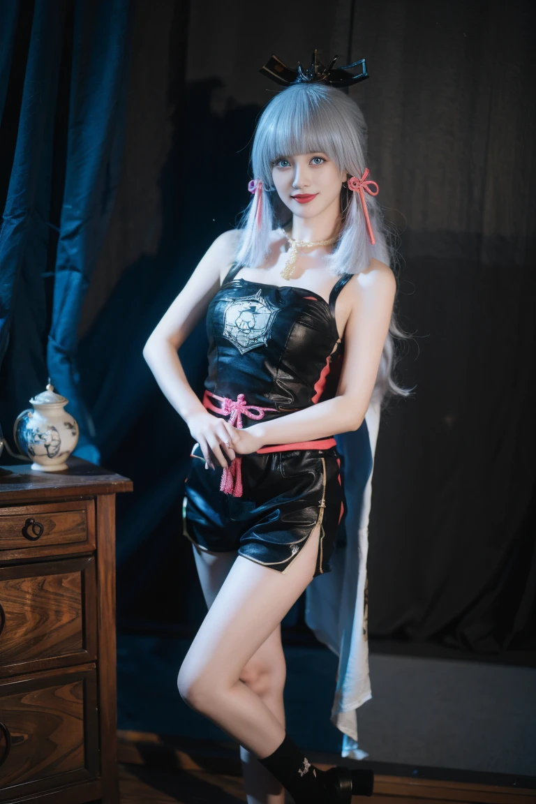 best quality, tmasterpiece,Ultra-high resolution,Clear face,（Reality：1.4），ferpect lighting，(full body shot), (photorealistic:1.50), anime wallpaper, Guviz style artwork, cover-up fantasy up to magic , by Yang J, Guviz, beautiful artwork illustration, beautiful digital artwork, beautiful digital illustration, Li Song, beautiful anime portrait, art style in Beauvot,1girl, silver hair, long hair,bangs, smile,Blush,(front:1.3),(standing:1.3), Bare shoulders, Cheeks flushed, Blush, Eye bags closed, double eyelids,
kamisato ayaka, long hair, ponytail, hair band, hair ornament, mole under the eye, blue eyes, breastplate, armor, (sleeveless), (bare shoulders), Japanese dress, (black shorts:1.5), tassel, gray background , upper body, smile, closed mouth,