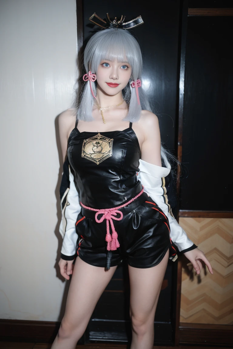 best quality, tmasterpiece,Ultra-high resolution,Clear face,(Reality:1.4),ferpect lighting,(full body shot), (photorealistic:1.50), anime wallpaper, Guviz style artwork, cover-up fantasy up to magic , by Yang J, Guviz, beautiful artwork illustration, beautiful digital artwork, beautiful digital illustration, Li Song, beautiful anime portrait, art style in Beauvot,1girl, silver hair, long hair,bangs, smile,Blush,(front:1.3),(standing:1.3), Bare shoulders, Cheeks flushed, Blush, Eye bags closed, double eyelids,
kamisato ayaka, long hair, ponytail, hair band, hair ornament, mole under the eye, blue eyes, breastplate, armor, (sleeveless), (bare shoulders), Japanese dress, (black shorts:1.5), tassel, gray background , upper body, smile, closed mouth,