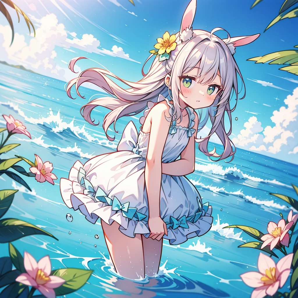 ((Masterpiece)), ((Best Quality)), (Very Detailed), (Very Detailed)), 4K, (8K), very aesthetic, absurdres, highres, 1 girl, furry, (kemono, anthropomorphic rabbit:1.3), Emerald green sea with white sandy beaches, highly transparent seawater, frolic on the sandy beach, blue skies and white clouds, sunshine pouring down, and seagulls flying in the sky, Beautiful sea views that give you a refreshing and soothing feeling.