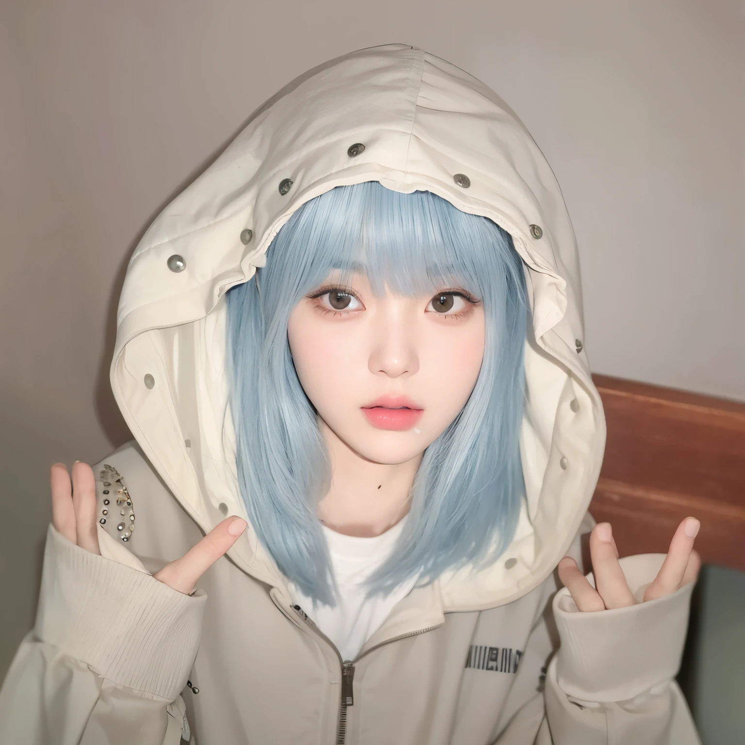 masterpiece,Best quality,Girl with ice blue straight hair,Long straight hair,Flowing long hair,Wearing a hat,Bangs,Sweet girl,Exquisite facial features,20 years old,Chinese Girl,