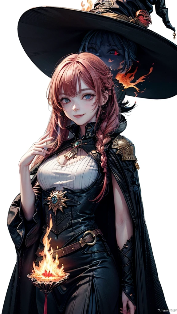 (Masterpiece, best quality), detailed, ((character concept art)), (1woman, female, black long dress, witch hat, witch dress cloth, many parts), (ruddy skin color) , (detailed eyes), detailed face, ((happy face expressions smiling)), athletic physical form, red hair color, long hair, long style haircut, ((cast fire magic, mage of fire)), full of details, Anime Babe, Wallpaper, Game Illustration, Animagine XL Babe, Fan Art, Animated,  (simple background, white background: 1.3)