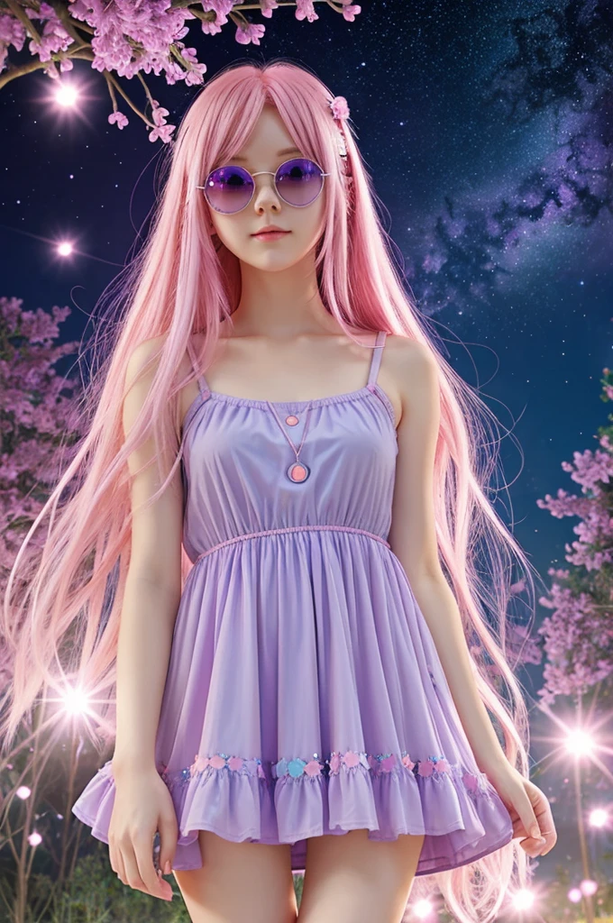 Pink haired anime girl with blue pink eyes wearing pale lavender color transparent sunglasses under starry night sky surrounded by fireflies and blue pink purple bubbles wearing cute pink blue short fluffy dress