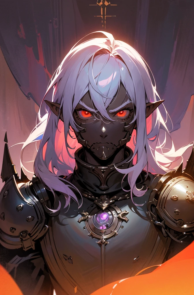 masterpiece, best quality, ultra high res, dark theme, 1boy, (dungeonpunk armor), (mechanical steampunk armor), (wearing armor), fantasy illustration, dark skinned, human, upper body, portrait, red eyes, long white hair, half-drow, pointy ears, serious face, young man, dramatic lighting, purple hue, art by Kinema Citrus