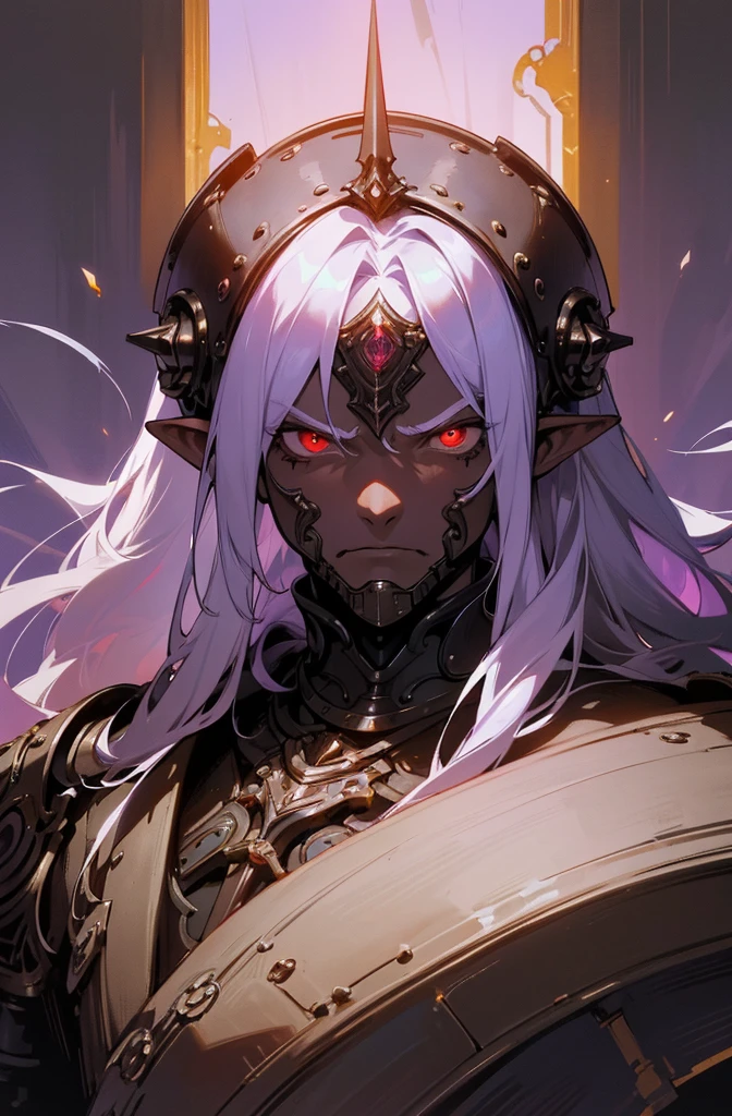 masterpiece, best quality, ultra high res, dark theme, 1boy, (dungeonpunk armor), (mechanical steampunk armor), (wearing armor), fantasy illustration, dark skinned, human, upper body, portrait, red eyes, long white hair, half-drow, pointy ears, serious face, young man, dramatic lighting, purple hue, art by Kinema Citrus