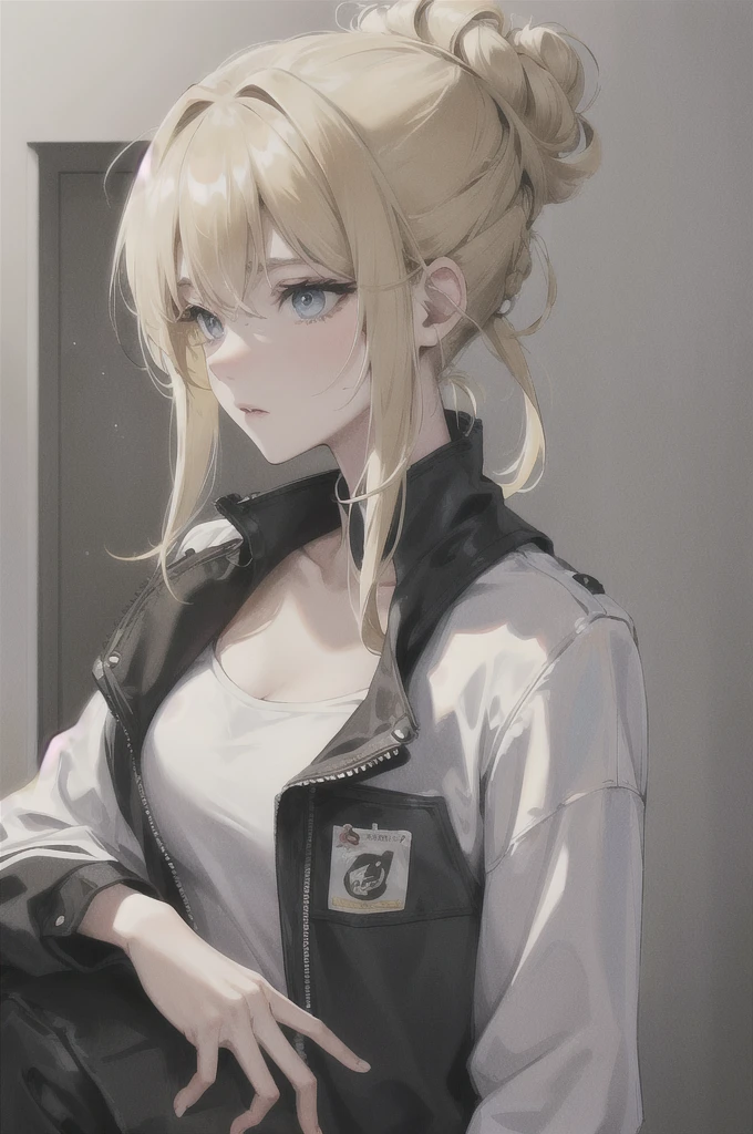 halF body,messy bun,long bangs,tired,black eyes,blonde hair,bun,blue eyes,