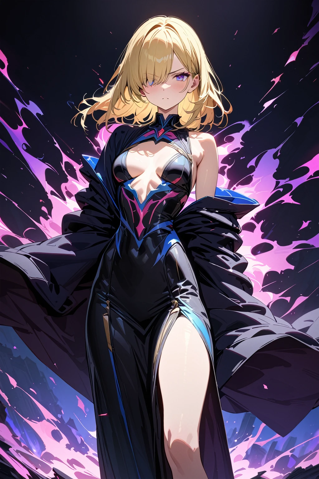 (masterpiece, best quality:1.5), (ultra detailed, high resolution, 8k, beautiful detailed, UHD, best anatomy), blonde hair, flat breasts, 1 cool girl, Background is red and blue flame effects, Jet black robe, Purple fiery aura over one eye, standing, night, Serious expression