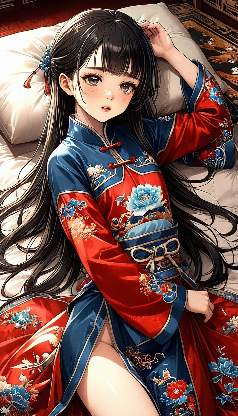 A tragic historical drama in 8k live-action style: Beautiful palace secrets　Beautiful 10 year old Chinese Kung Fu girl with long black hair has very rough unwanted sex with old man emperor　Gorgeous embroidery, Ultra glossy, She is wearing a shiny red top and bottom long sleeve floral pajama kung fu suit....　　She was laid down on a floral futon、When the penis is inserted, she cries and resists.。.　