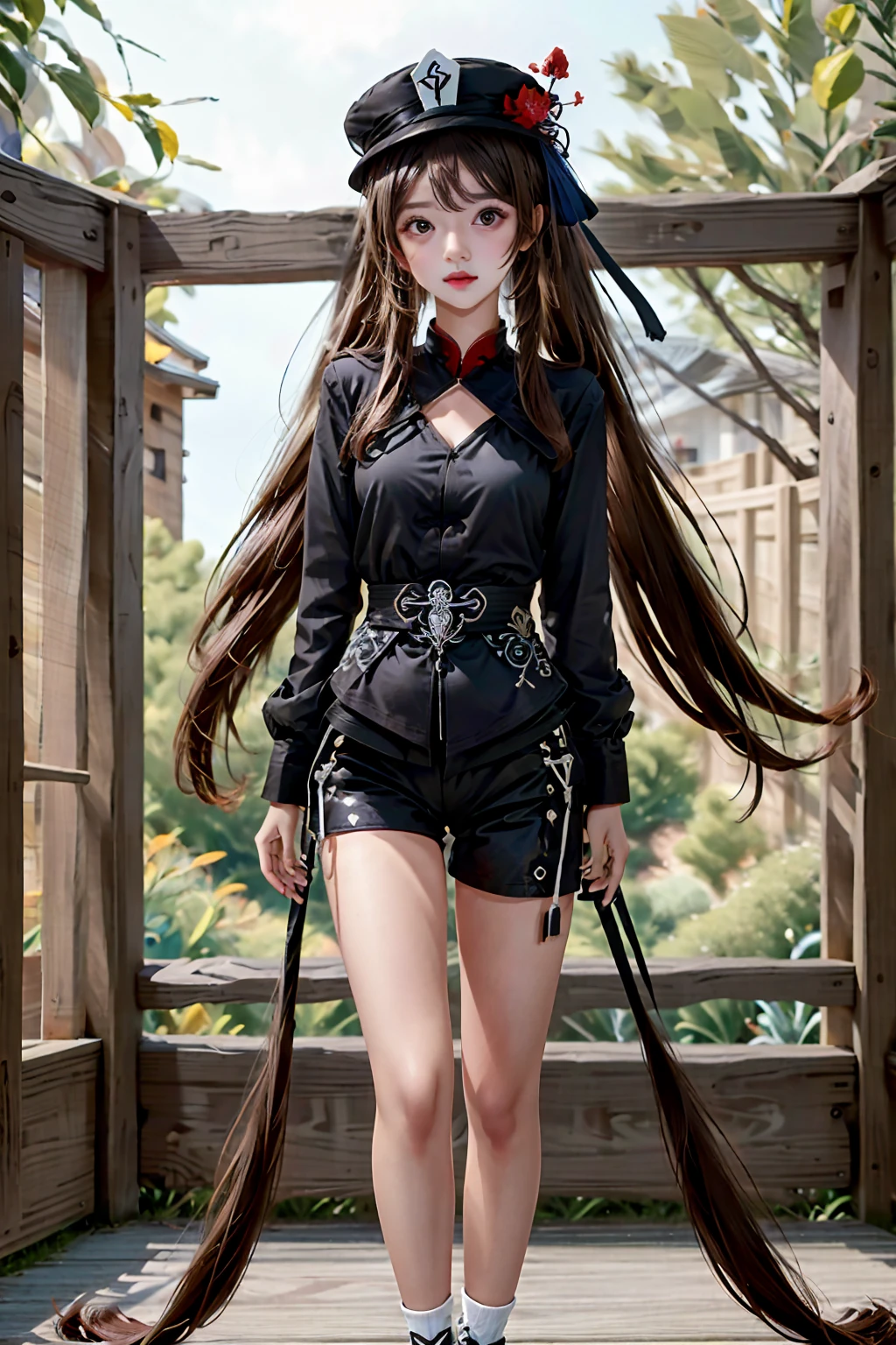 ((8K, uhd)), very realistic, realistic, realistic 현실적인 사진, realistic 외모, ultra high resolution(realistic인:1.4), realistic, realistic background, ultra high resolution(realistic인:1,4),
masterpiece、top quality、1 girl、Hutao(original god)、wealth man、hat、Akame、twin tail、brown hair、solo、symbol child、long、forehead、black very short silver shorts、Black clothes with a symbol on the chest、
cute baby ghost, whole body, (Genshin Empact)