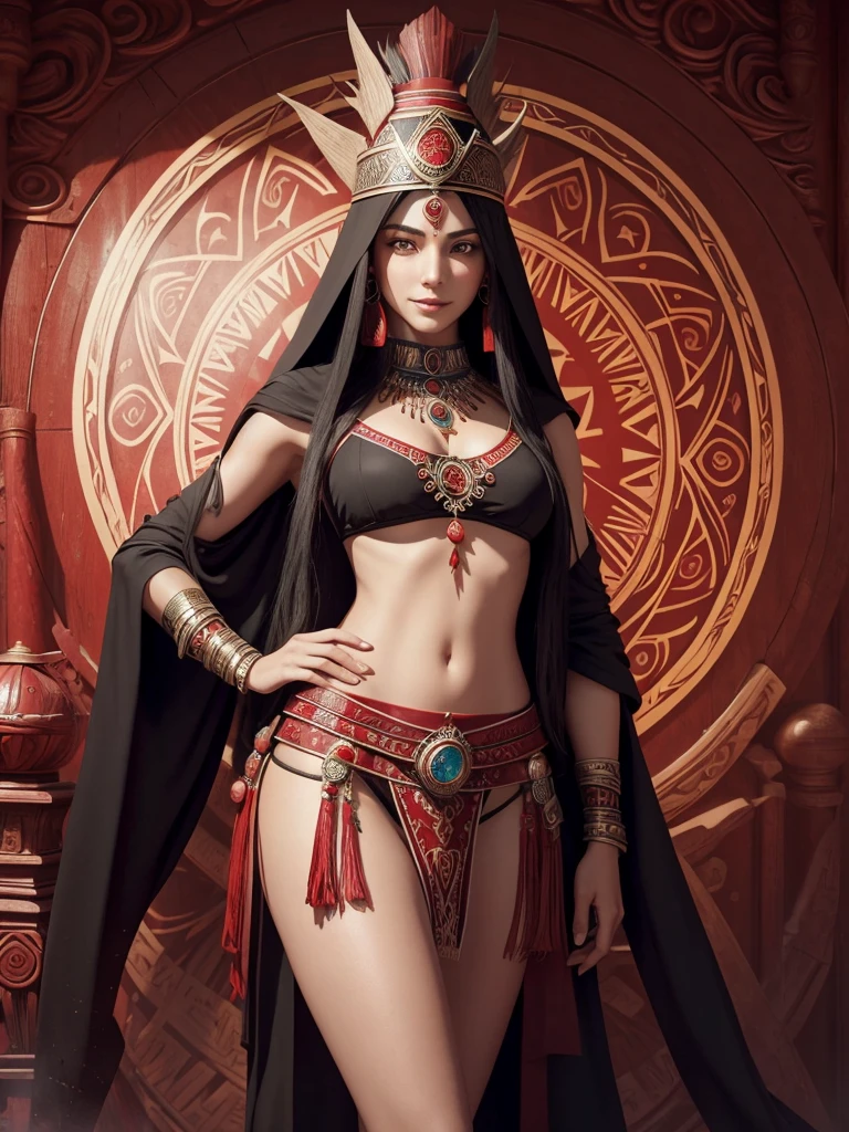 1 woman. Beautiful young woman. 25 years old. Beautiful arabian queen. White skin. Powerful arabian shaman. Hogwarts. Shaman professor. Arabian shaman hat. Black hair. Red sexy transparent arabian shaman suit no pants. No bra. No underwear. Red arabian shaman niqab. Flat chest. Holding the red orbz. Red ruby large necklace. Red shaman room. Beautiful face. Standing pose. Shaman statue. Red temple. Shamanic logo on the wall. Smile.