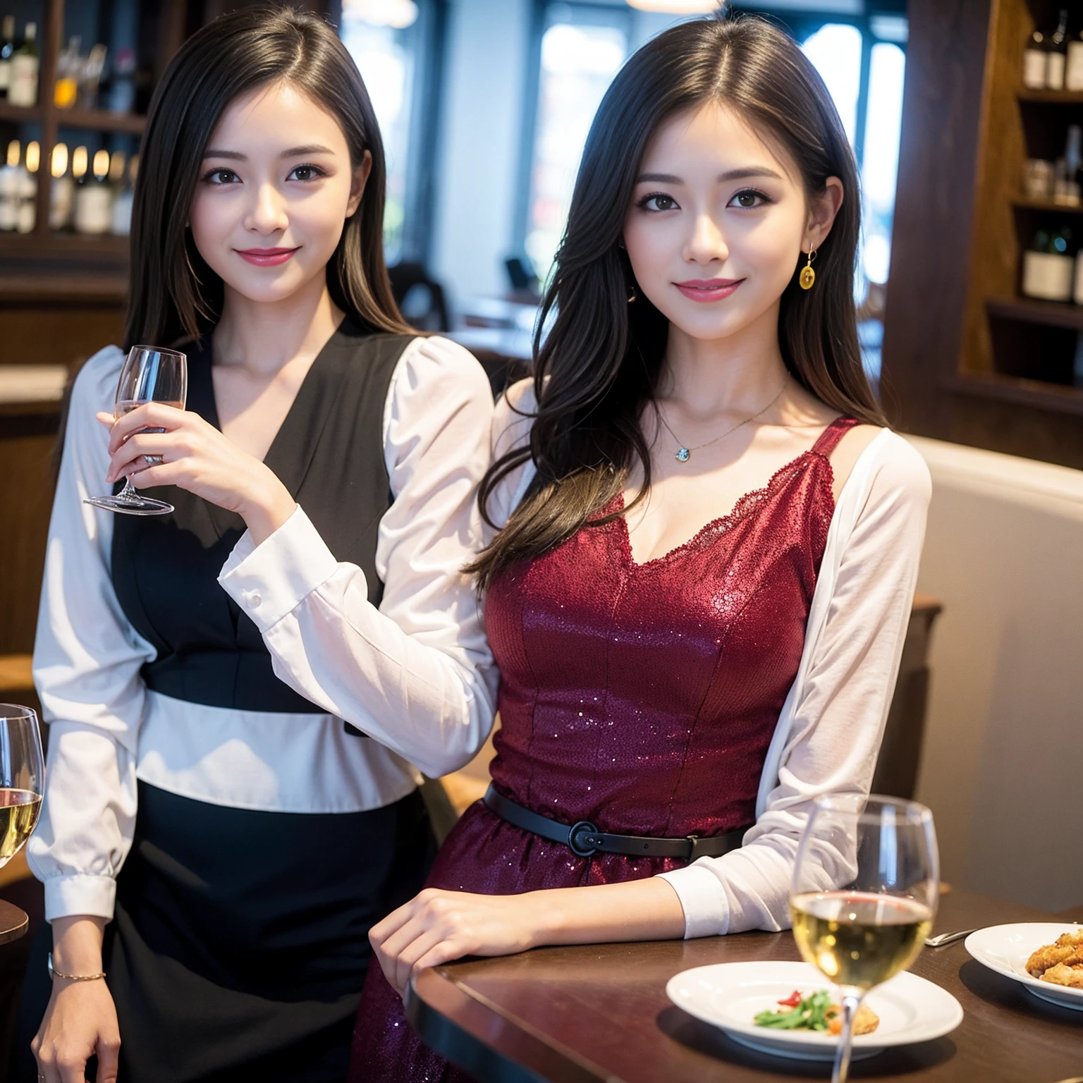 ((Highest quality、8K、masterpiece:1.3))、slimカップル、Pink rubber、modelカップル、(Realistic, Intricate details:1.2), full-course dinner、Wine Party、Amazing view of the sunset sky and clouds、A bright smile、The wonderfulness of smile、Bright image、The beauty of wine, Beautiful Face, blue eyes, The light shines on your face, Blushing, short hair,Bright Face、 (Age 37), 39 years old, red wine 、Appetizers、Italian food、Wine bottle、Champagne、sparkling wine、Two beauties、Brown Hair、Shortcuts、Long sleeve shirt、dress、Beautiful woman 1, (slimな顔), (The body is slim), (Brown Hair), (Shortcuts), cheeks turn a little red,Attractive beauty、restaurant, In a prominent place (From the waist up) Nova Frog Style, actress, model, Upper Body, White wine, slim, wine glass, 中央に置かれたwine glass, smile, (smile: 1.15), Beautiful fine grain, Depth f/2,saturation, High Contrast, Strong light and shadow,Moist Body:1.5、3D texture、Delicate eyes、Brown Hair、The hair is very shiny、