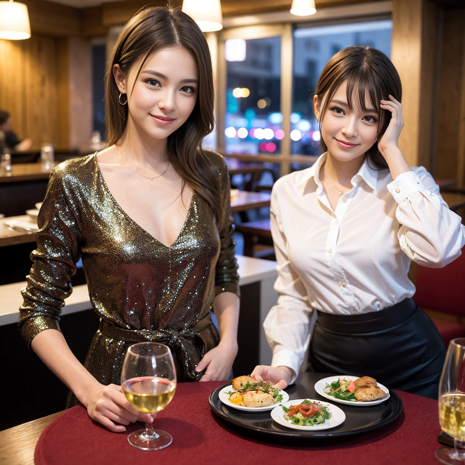 ((Highest quality、8K、masterpiece:1.3))、slimカップル、Pink rubber、modelカップル、(Realistic, Intricate details:1.2), full-course dinner、Wine Party、Amazing view of the sunset sky and clouds、A bright smile、The wonderfulness of smile、Bright image、The beauty of wine, Beautiful Face, blue eyes, The light shines on your face, Blushing, short hair,Bright Face、 (Age 37), 39 years old, red wine 、Appetizers、Italian food、Wine bottle、Champagne、sparkling wine、Two beauties、Brown Hair、Shortcuts、Long sleeve shirt、dress、Beautiful woman 1, (slimな顔), (The body is slim), (Brown Hair), (Shortcuts), cheeks turn a little red,Attractive beauty、restaurant, In a prominent place (From the waist up) Nova Frog Style, actress, model, Upper Body, White wine, slim, wine glass, 中央に置かれたwine glass, smile, (smile: 1.15), Beautiful fine grain, Depth f/2,saturation, High Contrast, Strong light and shadow,Moist Body:1.5、3D texture、Delicate eyes、Brown Hair、The hair is very shiny、