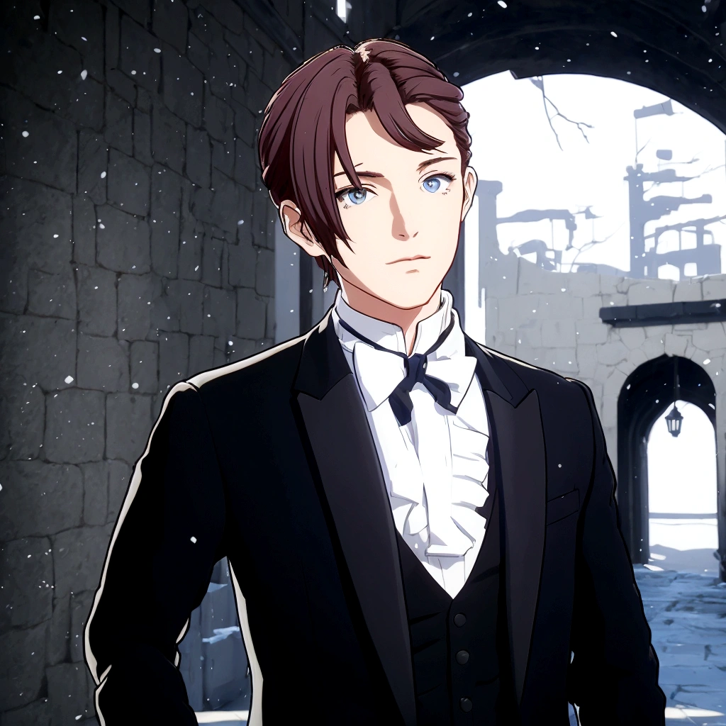 Realistic image of a man in a tuxedo standing in a courtyard, Beautiful androgynous prince, A delicate androgynous prince, Handsome men from Demon Slayer, Tall realistic man with blue eyes, Wearing a black aristocratic suit, Gweiz-style artwork, Anime Handsome Man, Official character art, Created by Anime Painter Studio
