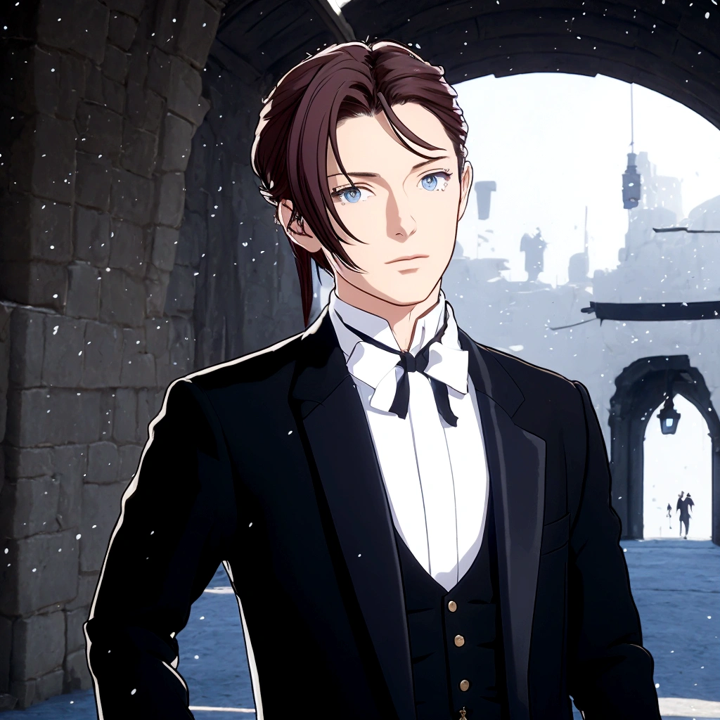 Realistic image of a man in a tuxedo standing in a courtyard, Beautiful androgynous prince, A delicate androgynous prince, Handsome men from Demon Slayer, Tall realistic man with blue eyes, Wearing a black aristocratic suit, Gweiz-style artwork, Anime Handsome Man, Official character art, Created by Anime Painter Studio
