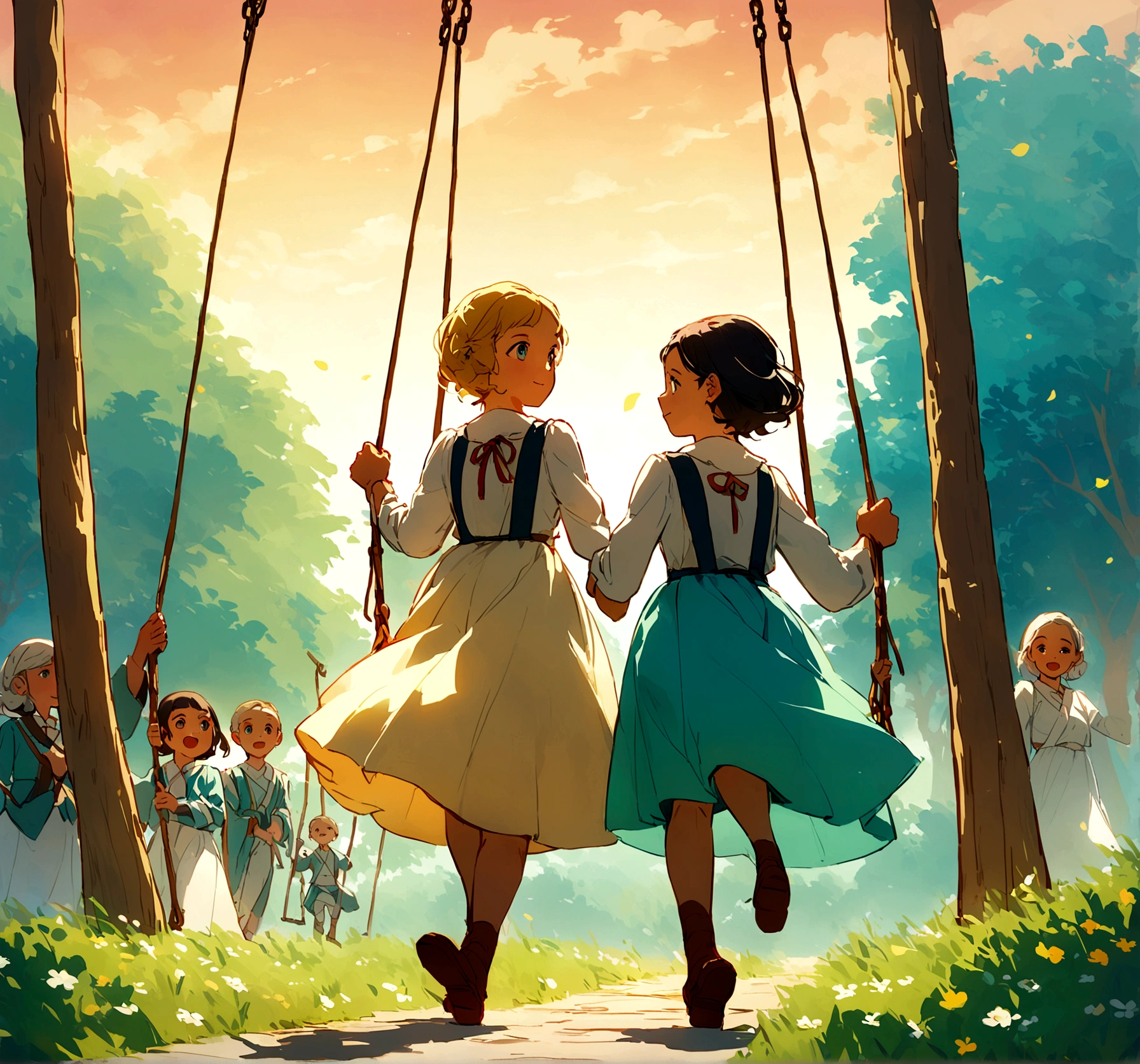 They looked toward the swing and saw that it was returning them to the village. They got off the swing and walked back together, beginning a journey of life with each other.