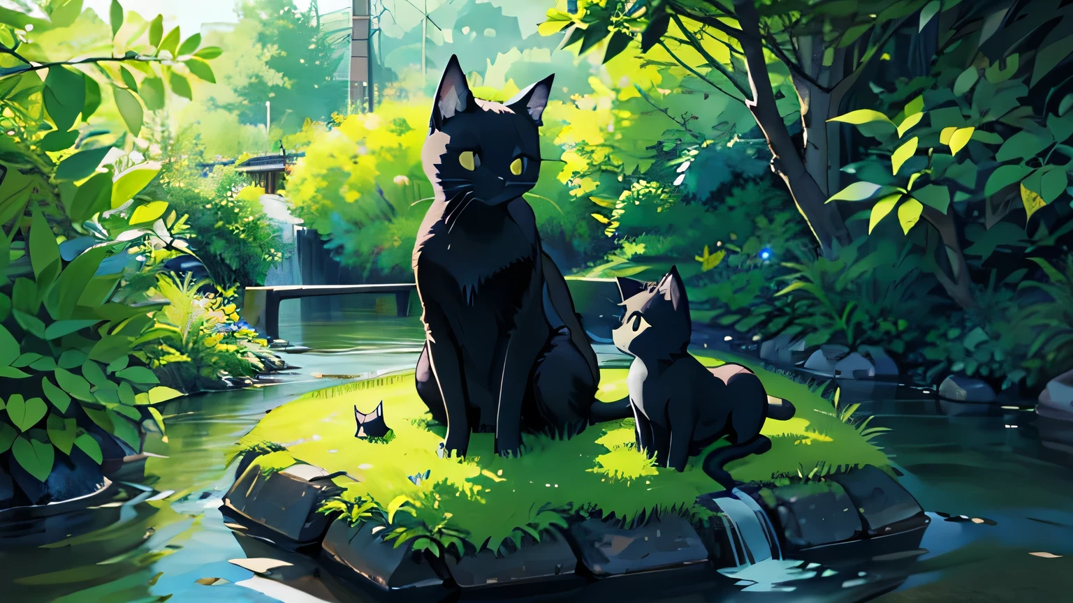 A black cat and its offspring relax by a creek. They look peaceful.