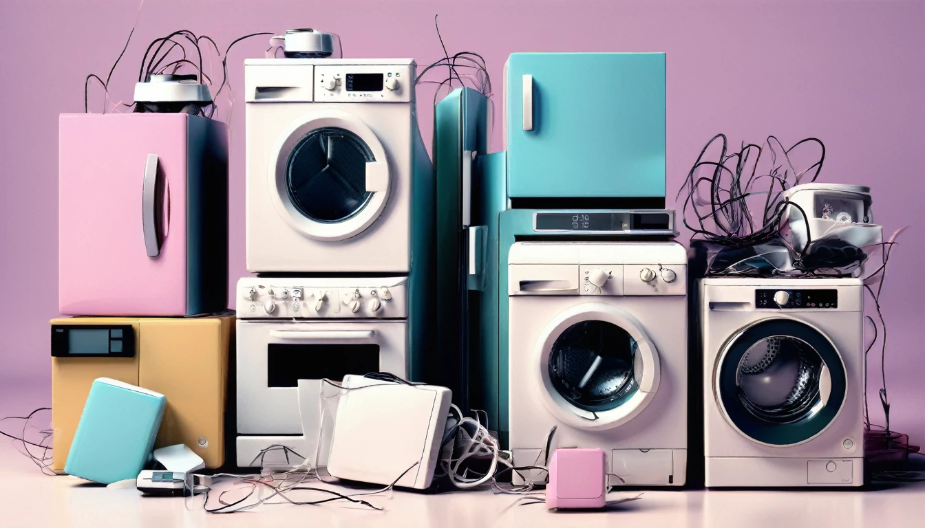 A set of household appliances failing and the failure being explicitly noted , The image has clear colors, soft tones, reminiscent of technology, specifically illuminated and focused on broken appliances
