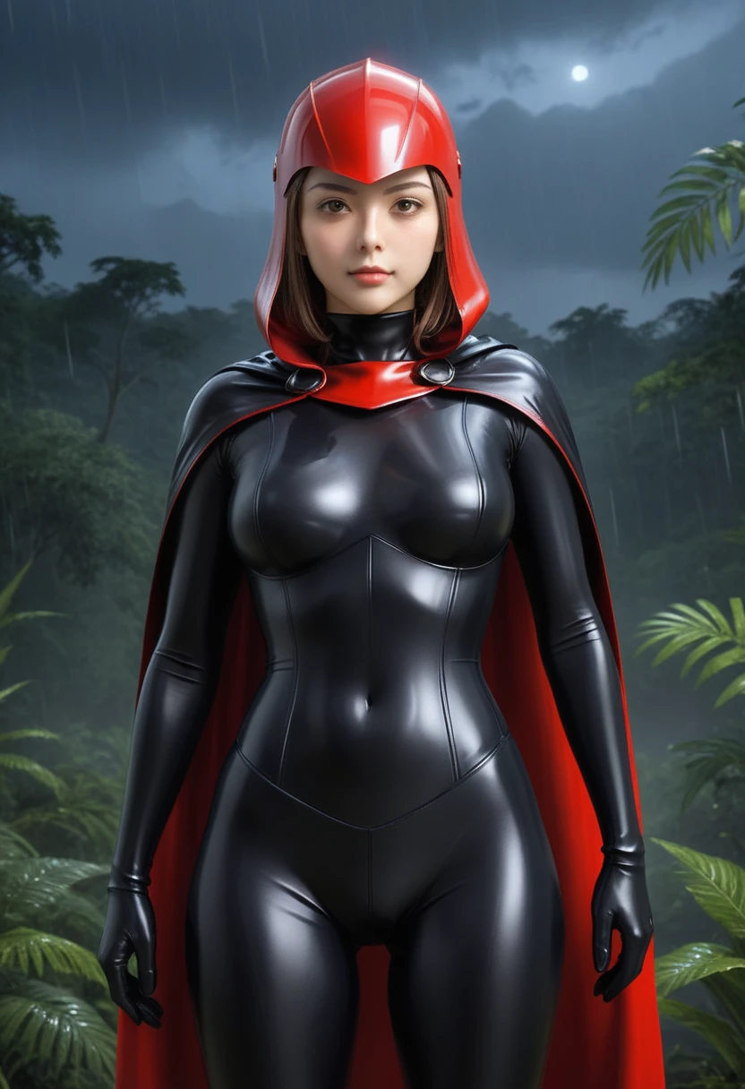 zPDXL, source_anime, BREAK Trilla, helmet with red visor, cape, armor,black gloves,tight bodysuit,black cape,black pants, BREAK close-up, solo, standing, front view, medium breasts, hands on hips, wide hips, BREAK x3dce, 3d, jungle background, dense vegetation, rain, night, night sky,
