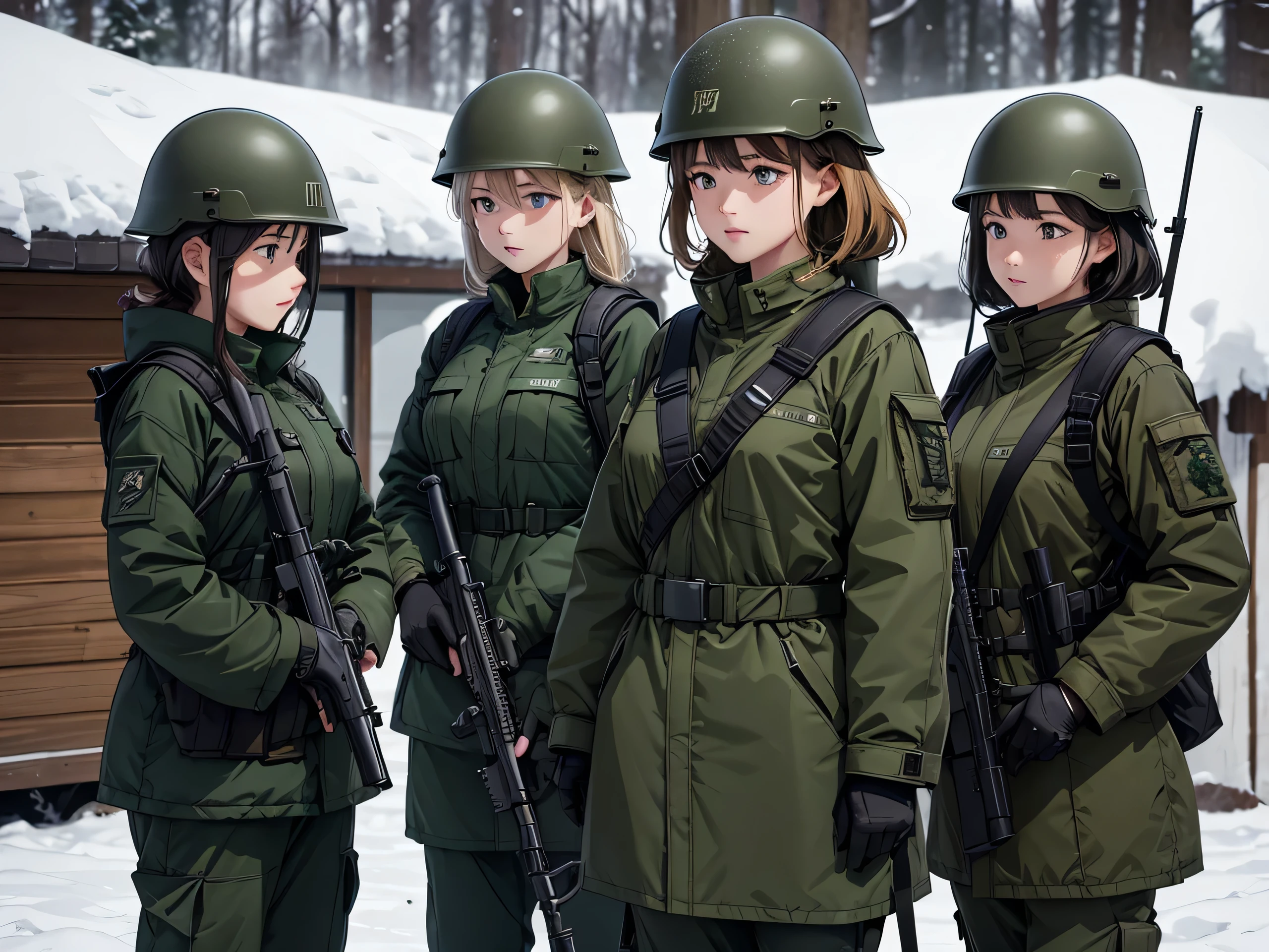 A group of female soldiers wearing dark green thick coats、Wearing a helmet、Magazine Pouch、Tactical shoulder strap、All guards with guns、Snowy military camp、Write details、masterpiece、best quality、Highly detailed CG、8K picture quality
