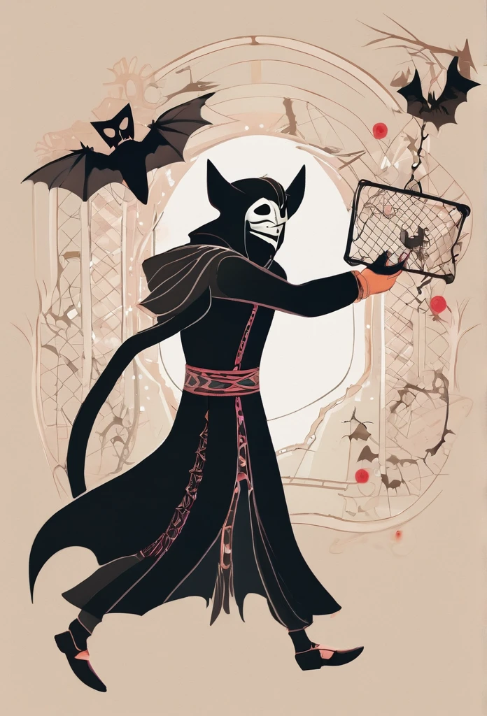 a holy villain that holding trap board one hand and dark magic another hand. he has mask and he is phonky. back theme is dark and there are bats. he is smiling and there are X symbols out of his masks.