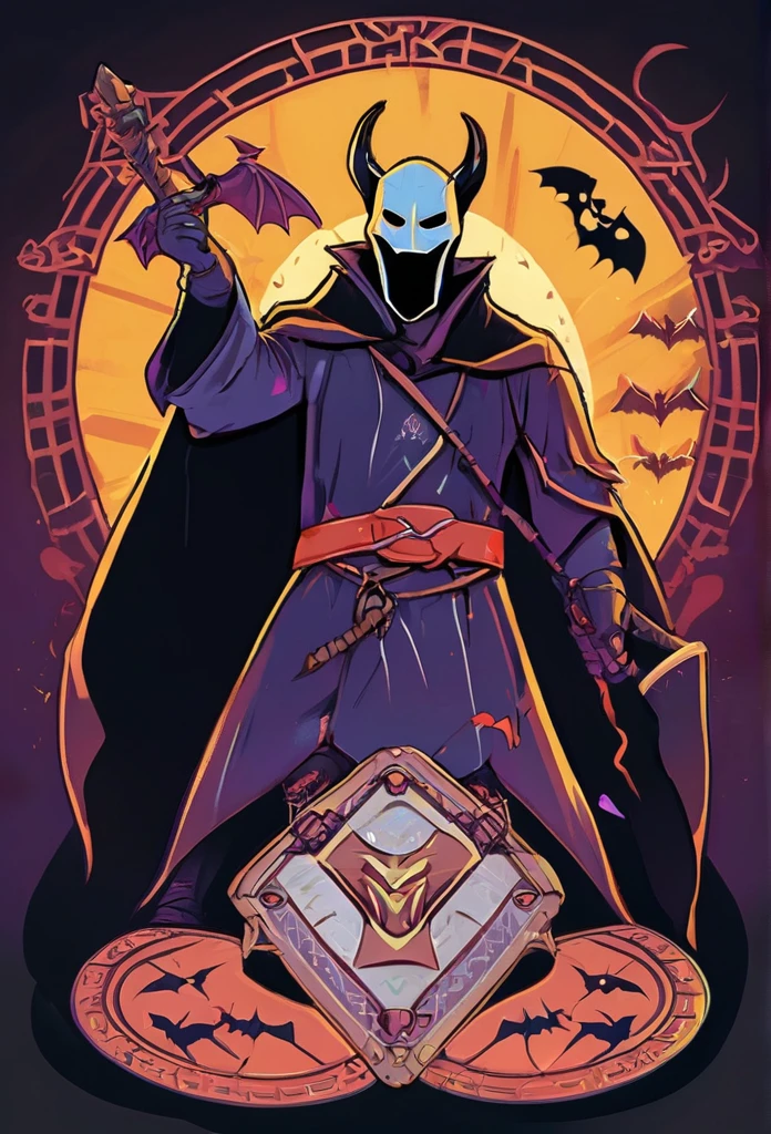a holy villain that holding trap board one hand and dark magic another hand. he has mask and he is phonky. back theme is dark and there are bats. he is smiling and there are X symbols out of his masks.