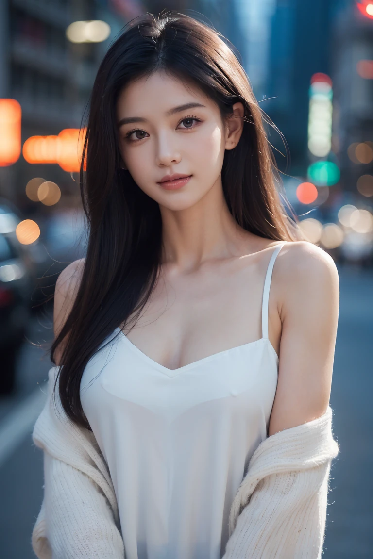 randome pose, mix4, (8K, Raw photography, top-quality, ​masterpiece: 1.45), (realisitic, Photorealsitic: 1.37), one girls, cute little, A smile、Cityscape, natta, profetional lighting, cafes,street,photon maping, Radio City, physically-based renderingt, Gradient black hair, white  hair, Semi-long loose hair, a handsome, girl with, large full breasts,Dress-off shoulder, top quality photo, hight resolution, 1080p, (clearface), (Detailed face description), (Detailed hand description), (​masterpiece), realisticlying, extreme light and shadows, dishevled hair, ​masterpiece, lush detail, (Fine facial features), (Highest Quality Photos), (​masterpiece), (finely eye), dual、Look in front of you, Fine clavicle,Emphasis on the armpits、Show lower milk