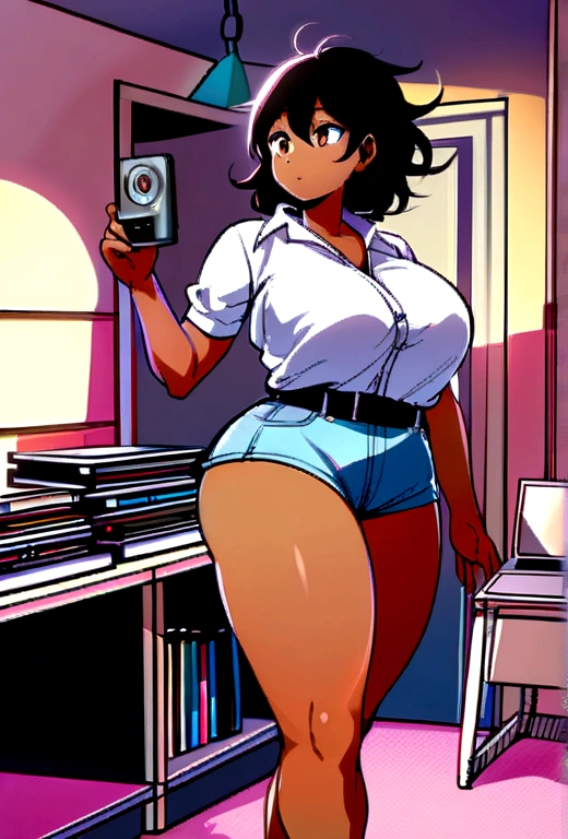 high waistband, 171cm, messy hair, hair between the eyes, medium breasts, big breasts, chubby, Dark skin, tomboy, adult, 20 years, 1 girl, Alone, sole, SMILE, Wide hips, Thighs, standing, messy room, bedroom, Bookcases, DVD, books, video games, computer, cd, Vinyl records, vhs tapes,