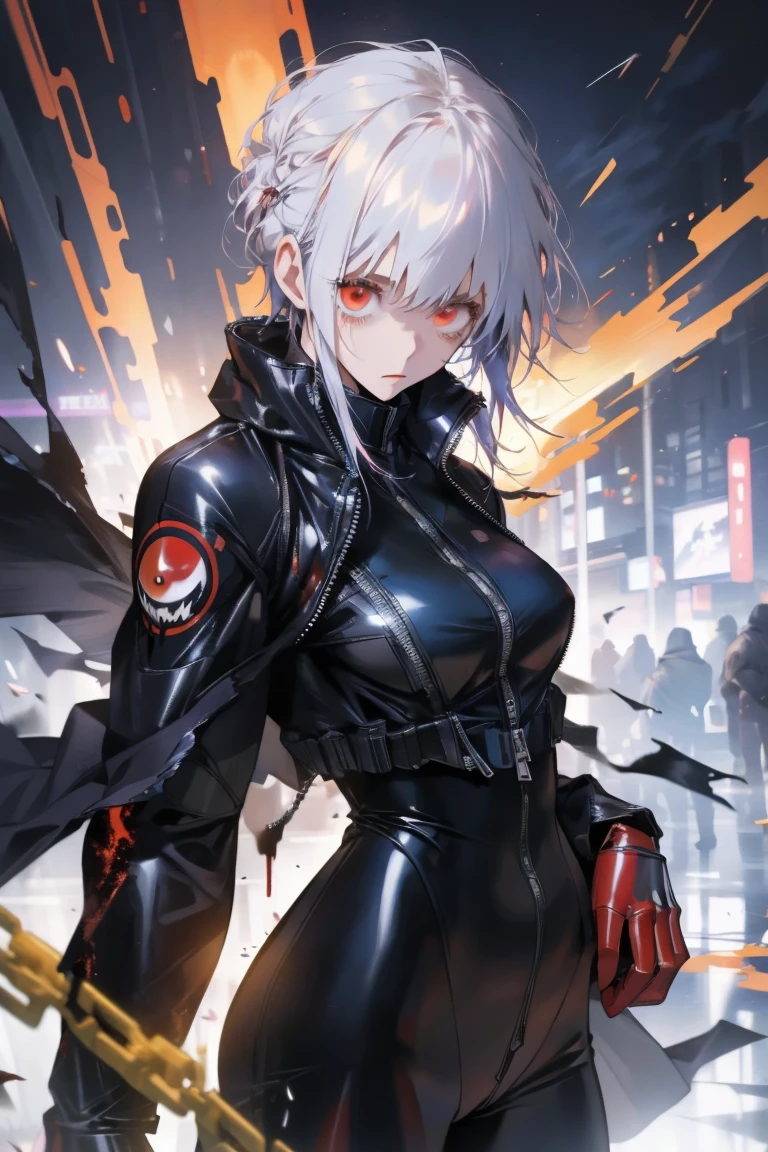 masterpiece, best quality, 8K, number, 1 girl, Solitary, stand up, youth, White hair, Long white hair, Hair accessories, Red Eyes, Round pupil, Emotionless expression, Blood, Mechanical Parts, electric wire, cable, Failure Effect, Shocking, Science fiction, Futuristic, The background is very dark, Neon, Cyberpunk Characters, Surreal, Strange, Disturbing, Creepy, Shocking, Jumpsuit,Red Eyes,Venom,nigrescence,Long black gloves,One-piece Pants,Tight latex bodysuit,Highlight her graceful figure,Wrap the whole body,Symbiote,((Sexy highlighted)),Jumpsuit,Red Eyes,Venom,nigrescence,Long black gloves,One-piece Pants,Black latex suit,Blood-Red Eyes,best quality, high resolution, Very detailed, Vivid texture, mask, Tight latex bodysuit, Bangs,Purple Hair, blue eyes
