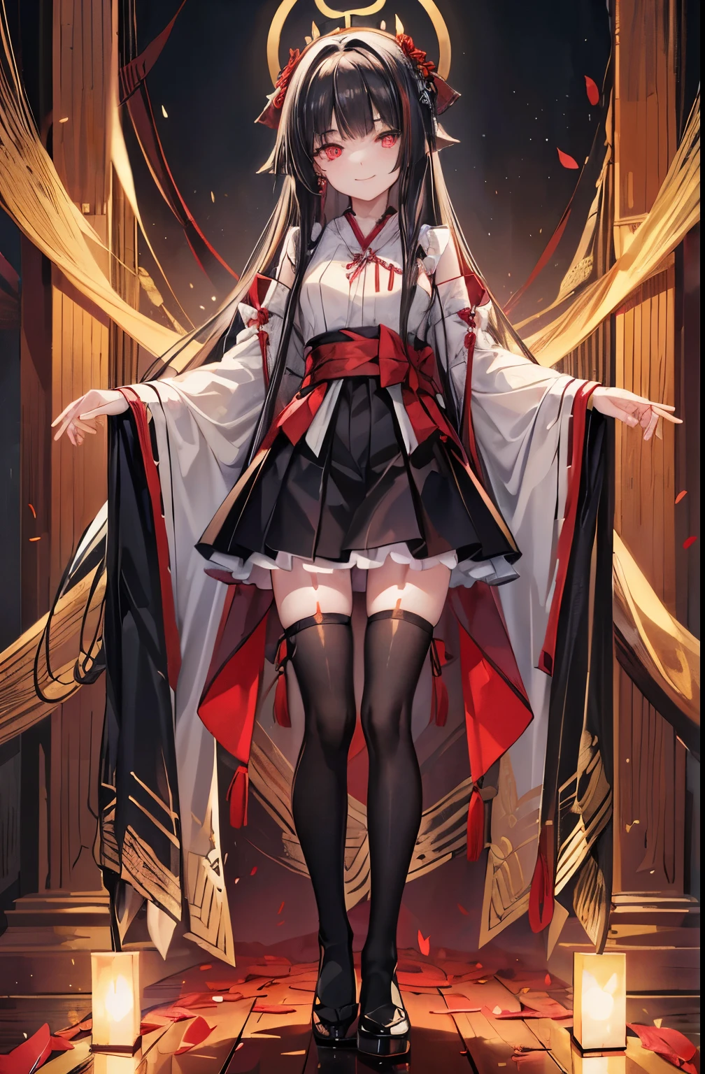 [(Detailed Background:1.4)::5],original,(figure:1.1),(Highest quality),(Tabletop:1.1),(Highly detailed CG Unity 8k wallpaper:1.1), (colorful:0.9),(Mid Shot:0.95),(very detailed beautiful whole body),Ear covering accessories、Standing in the Wilderness, (girl),(((Adult))), (Beautiful eyes in every detail:1.15), (Beautiful Face:1.15), (Glowing red eyes:1.25////),(Black Hair),Pale skin，Pink Eyes，Red Bow，Amaryllis，((Wicked Smile))，crystal earrings in the ears，raven feather skirt,whole body,Wearing shrine maiden clothes and knee socks,((Long black hair)),Long black hair,