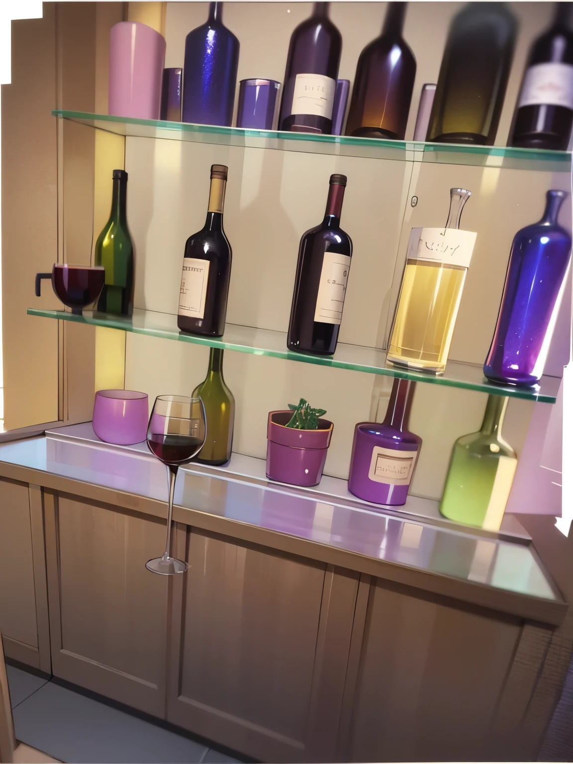 ((masterpiece)) best quality, Extremely detailed, holographic, Delicate wine bottles,bar,bar吧台,