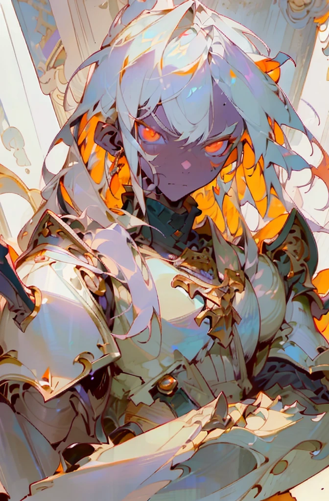 masterpiece, best quality, ultra high res, dark theme, 1boy, (dungeonpunk armor), (mechanical steampunk armor), (wearing armor), fantasy illustration, dark skinned, human, upper body, portrait, red eyes, long white hair, half-drow, pointy ears, serious face, young man, dramatic lighting, purple hue, art by Kinema Citrus