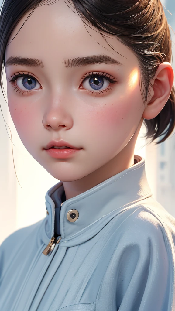 One Girl，(1人のとてもcute女の子:1.3)，masterpiece，Highest quality，High resolution，From below，Low - Angle，Photorealistic，RAW Photos，Ray Tracing，beautiful girl，(15 years old:1.3)，cute，Big eyes，(detailed pupils:1.2)，(The face is facing straight ahead:1.3)，Body facing forward，Beautiful nose，High nose，Upturned nose，Fuller lips，Short black hair，ponytail，short hair，Detailed eyelashes，Thin eyebrows，Very fine grain definition，(Symmetrical eyes:1.3)，(Face close-up，Face Focus:1.0)，Small breasts，Short neck，，Red and white brick building，Western-style building，poplar tree，Portrait，View Viewer，Upper Body，Cinema Lighting，High resolution，Very detailed