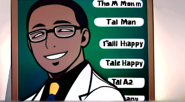 Black man with glasses with the face of a teacher teaching on a board and with a tie smiling, the man should be tall and have a very happy face
